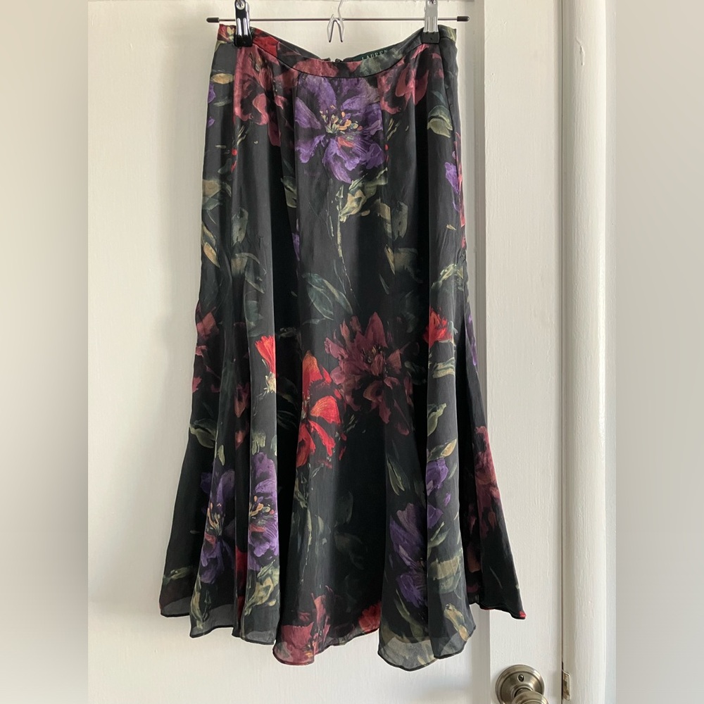 LRL Lauren Ralph Lauren Godet Pleated Silk Floral Skirt